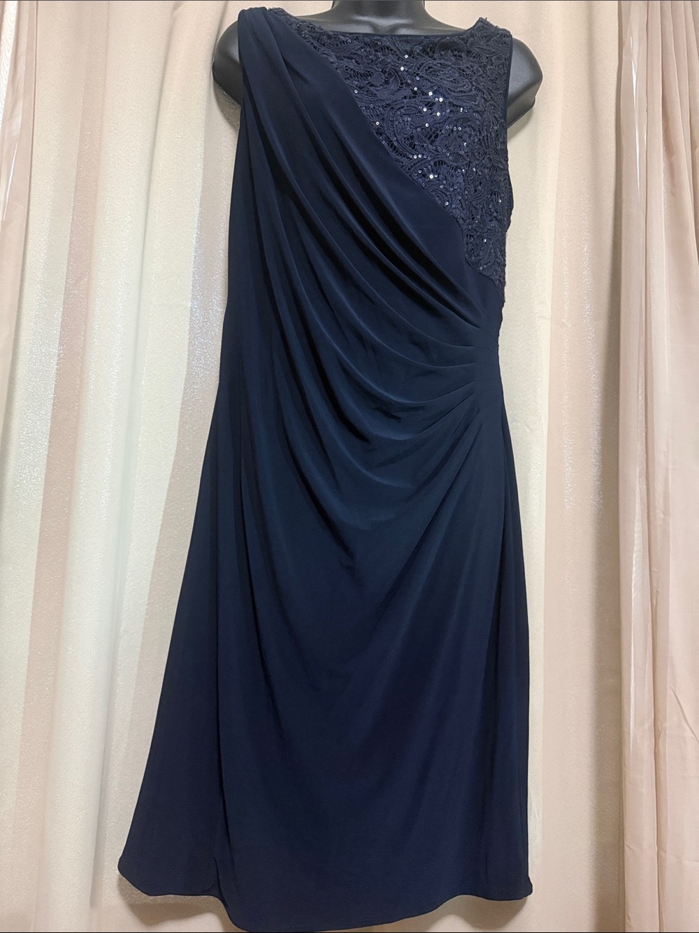 Elegant Navy Draped Evening Dress-R&M Richards